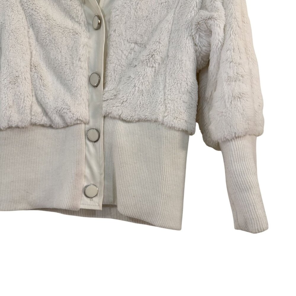 Y2K Dérotchild Faux Fur Bomber Jacket Ivory White Puff Sleeve Ribbed Hem Small - Picture 3 of 9